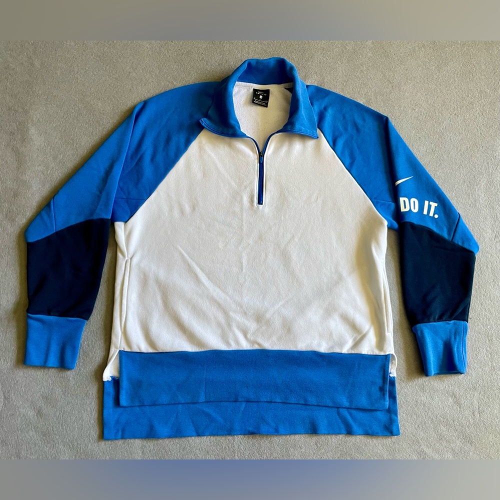 Nike White and Blue Quarter-Zip Pullover Sweater